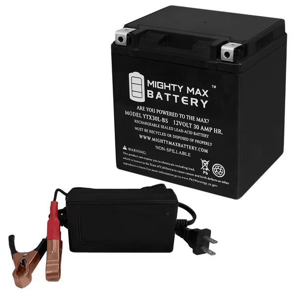 YTX30L-BS Replacement Battery for Moto Guzzi 100 Quota Powersport With 12V 4Amp Charger, Mighty Max Battery, Mfr#: MAX3946967
